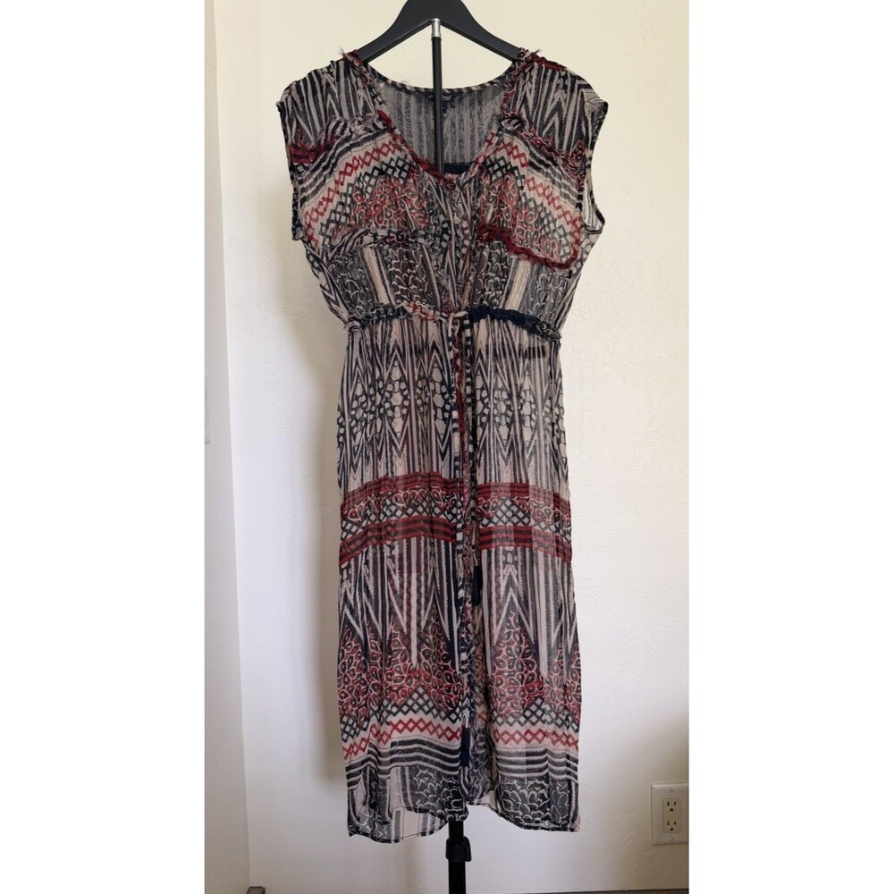 Lucky Brand Sheer Boho Peasant Dress Ikat Print Raw Edges Size Medium Whimsical
